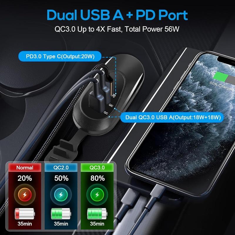 12V USB Car Charging Socket 60W Dual QC3.0 USB A & PD3.0 Type C USB Outlet Car Fast Charging Adapter for 12V Car Marine Truck RV