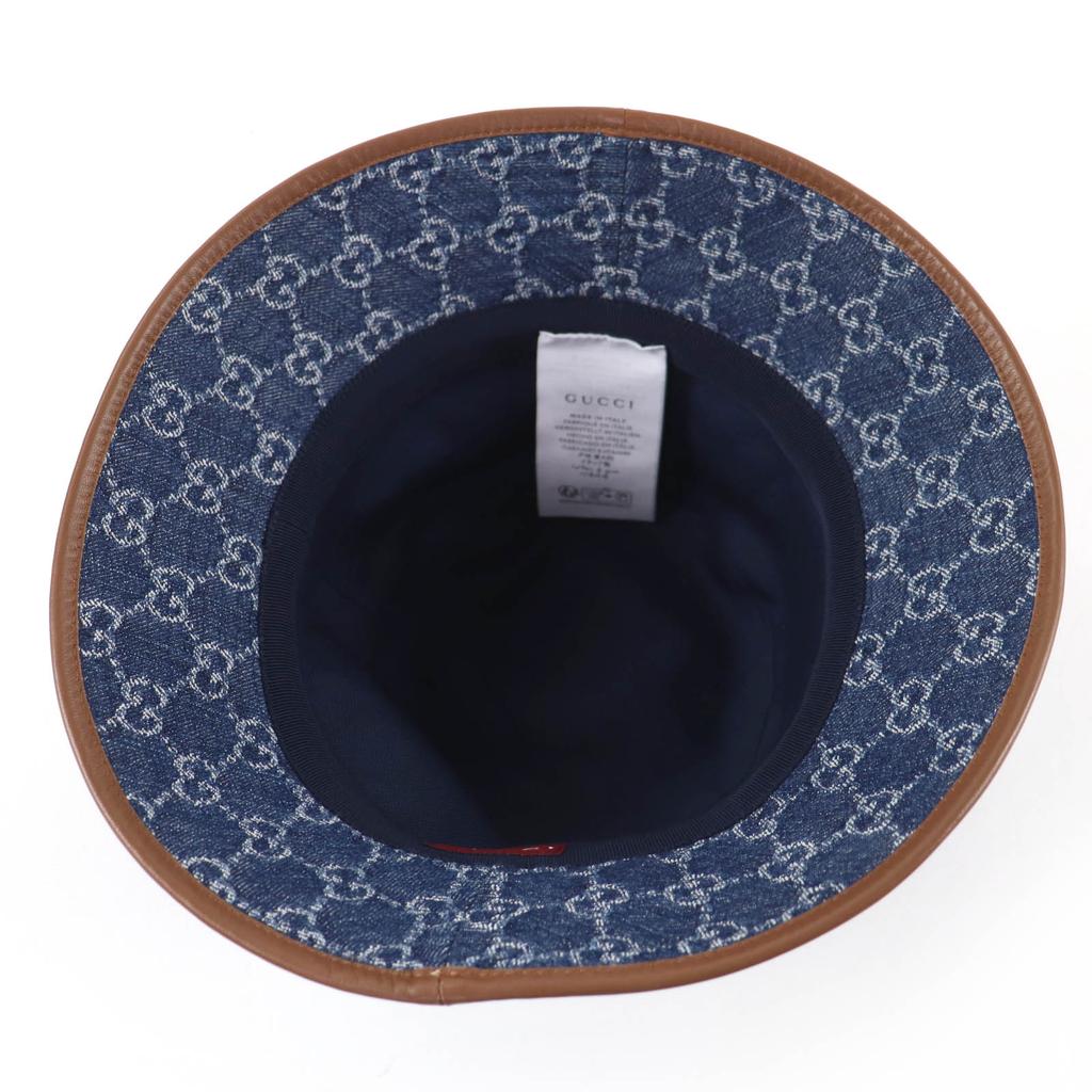 Pristine GUCCI hat GG Jacquard Lamb Leather Denim Bucket Hat Women L 816543 Used