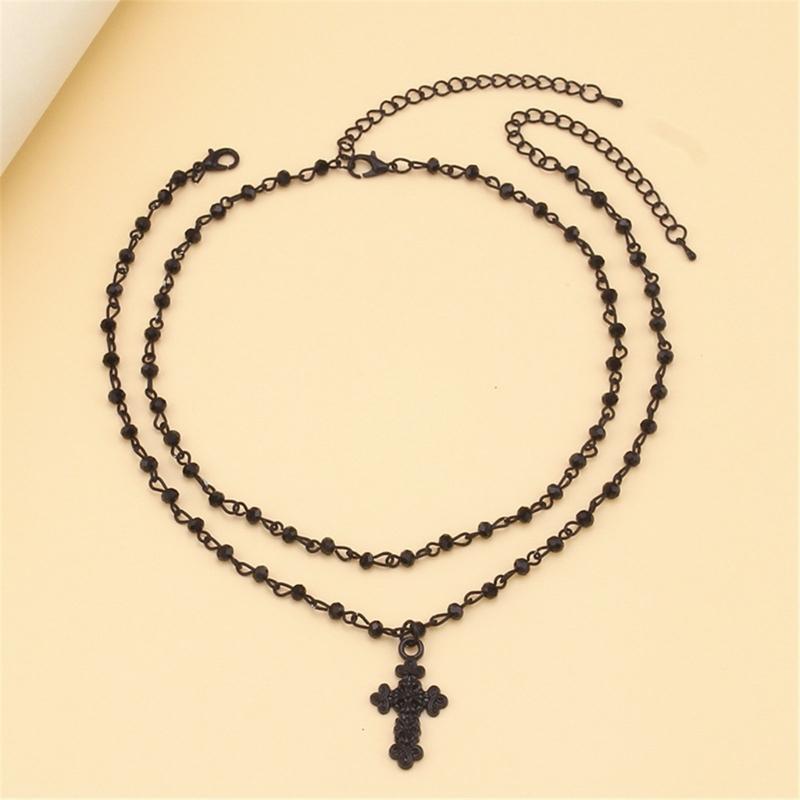 Fashionable Beaded Necklace Moon/Crucifix Pendant Collarbone Chain Elegant Double Layer Neckchain Choker Acccessory