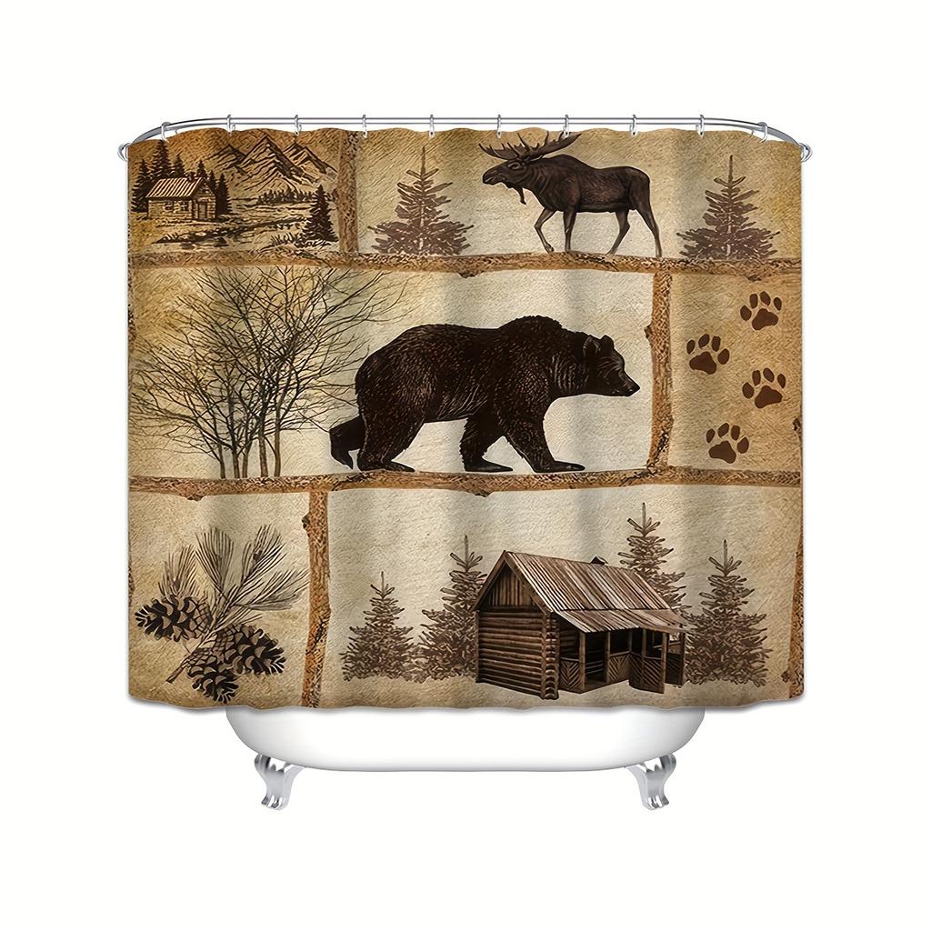 1Pc Shower Curtain - Rustic Wilderness Scene With Bears, Moose, And Cabin Design Waterproof