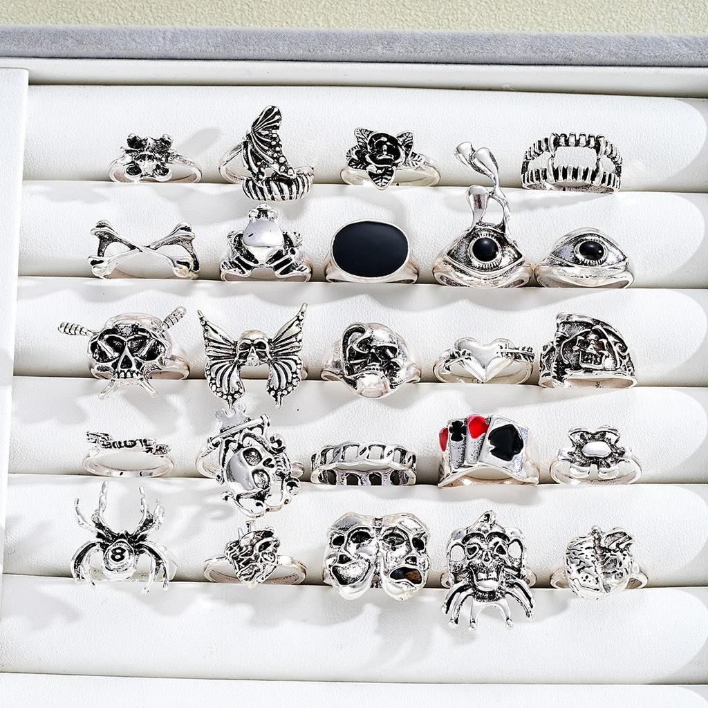24 Pcs Gothic Skeleton Unisex Ring Set For Women Man Punk Grunge Butterfly Frog Jewelry Hip Hop Party Street Ring Accessories