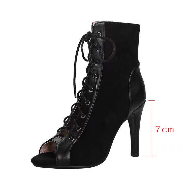

Women s 2024 Lace-up Velvet Peep Toe Stiletto Heel Jazz Boots 35