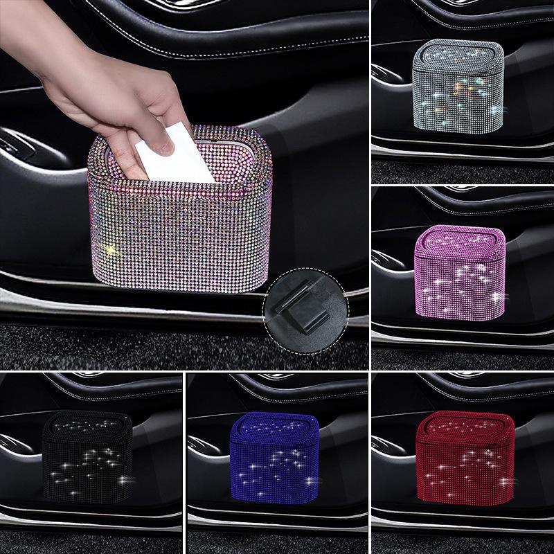 Rhinestone Car Trash Can - Flip-Top Hanging Interior Storage Bin