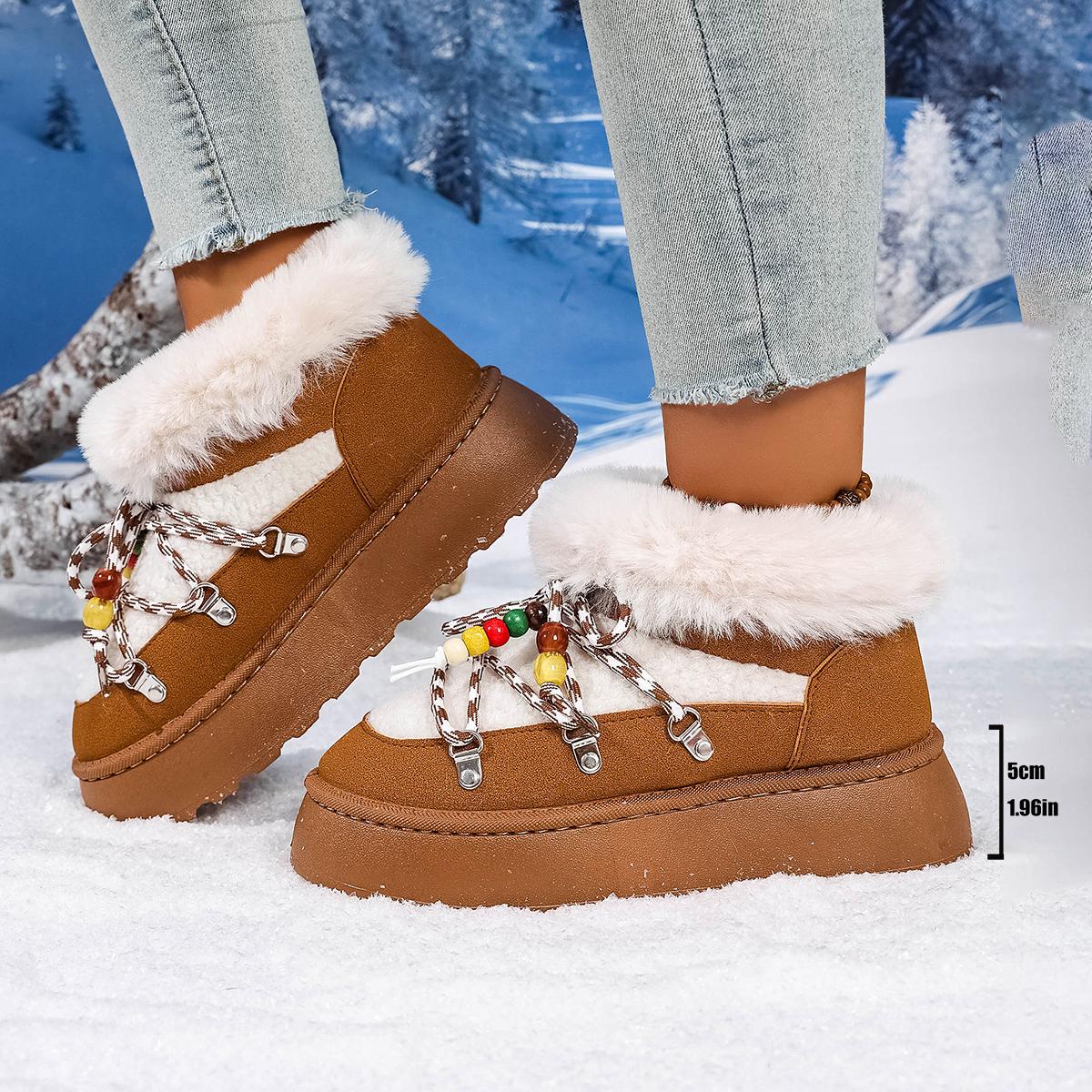 

Fashion Fashion Fluffy Platform Snow Boots Women Winter 2025 String Bead Decor Faux Fur Cotton Shoes Woman Thick Plush Warm Ankle Boots 43 верблюд