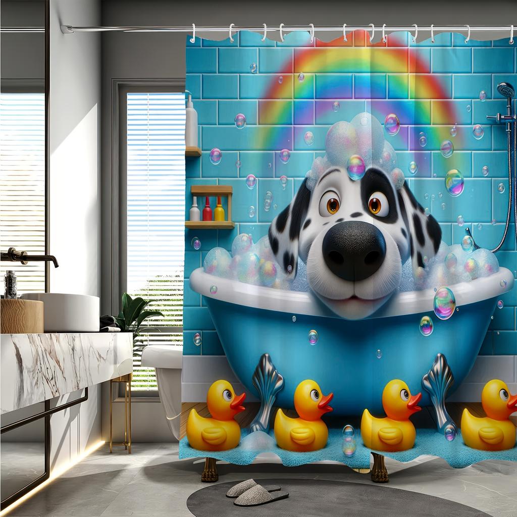Puppy Bath Cartoon Digital Print Shower Curtain, Free Hook, Machine Washable, Reversible All-Season Polyester Bathroom Decor