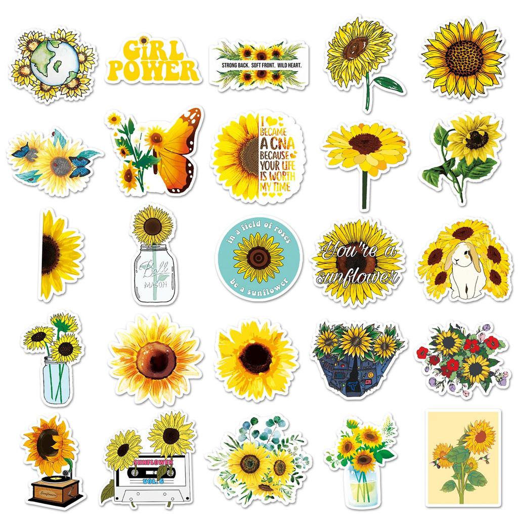 50 Sunflower Cartoon Stickers - DIY Color Plant Decoration for Milk Tea Cups