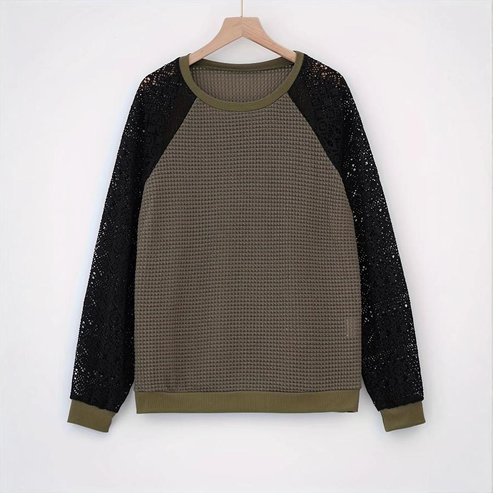 Women Solid Color Lace Long Sleeve Hollow Out Crew Neck Casual T-shirt Blouse Tops