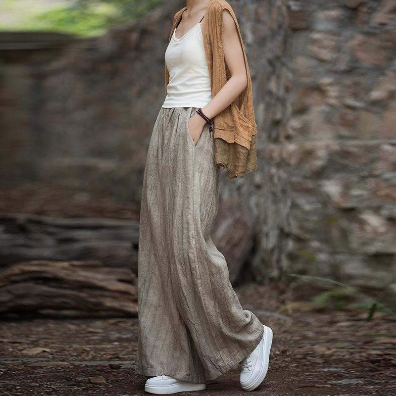 Women's Tie-Dye Cotton & Linen Wide-Leg Trousers with Velvet & Thickened Ramie