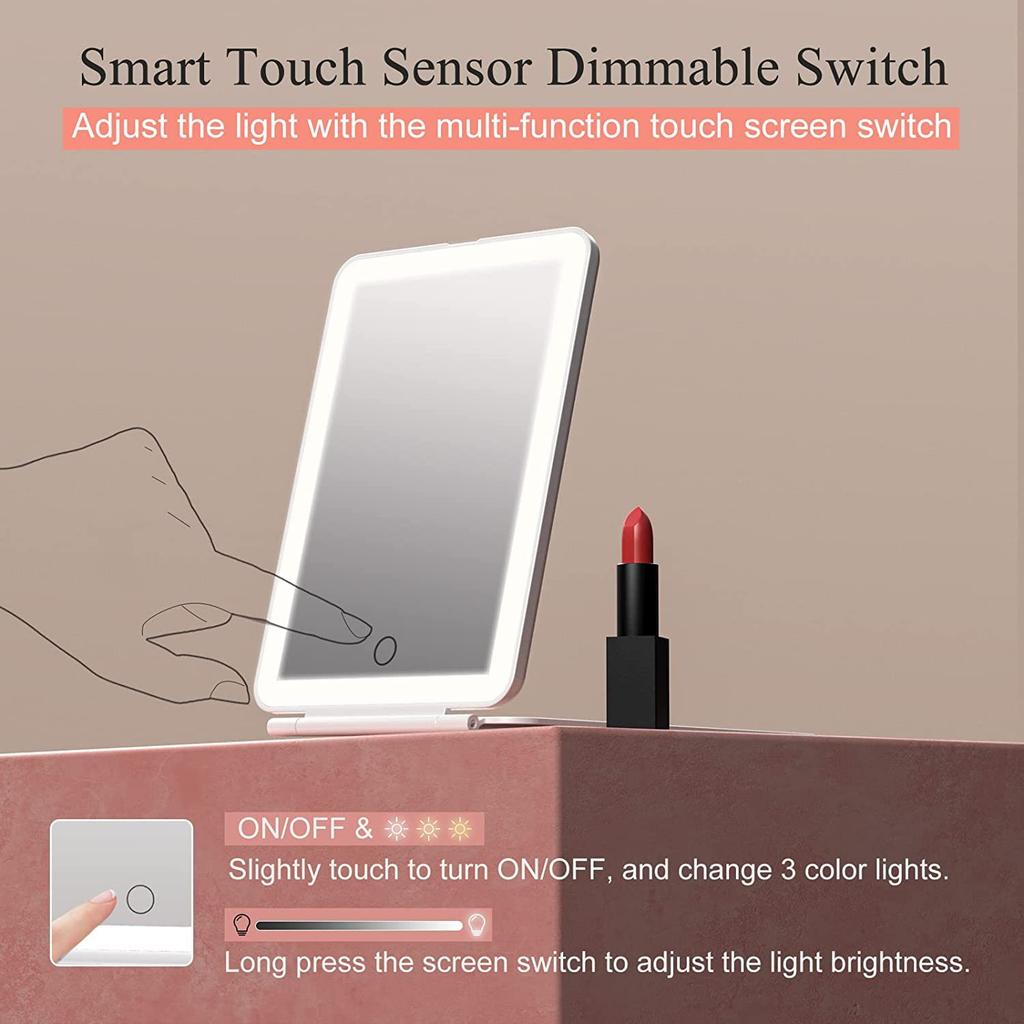 LED Foldable Travel Makeup Mirror 3 Colors Light Modes USB Rechargeable Touch Screen Portable Tabletop Cosmetic Mirror Handheld