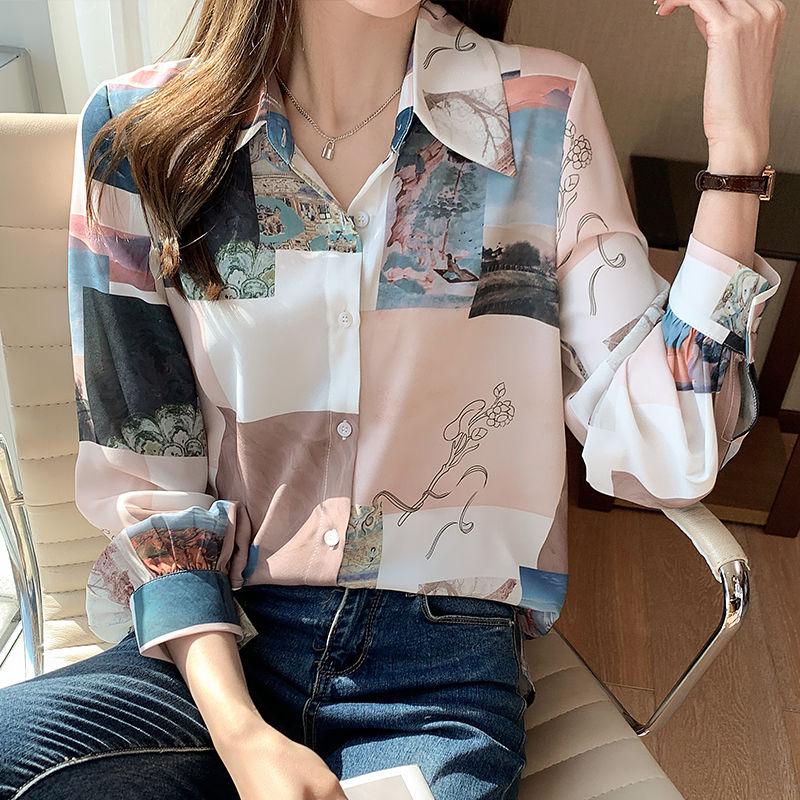 Vintage Fashion Printing Long Sleeve Shirt Women's Clothing Spring Korean Turn-down Collar Single-breasted Casual Blouses