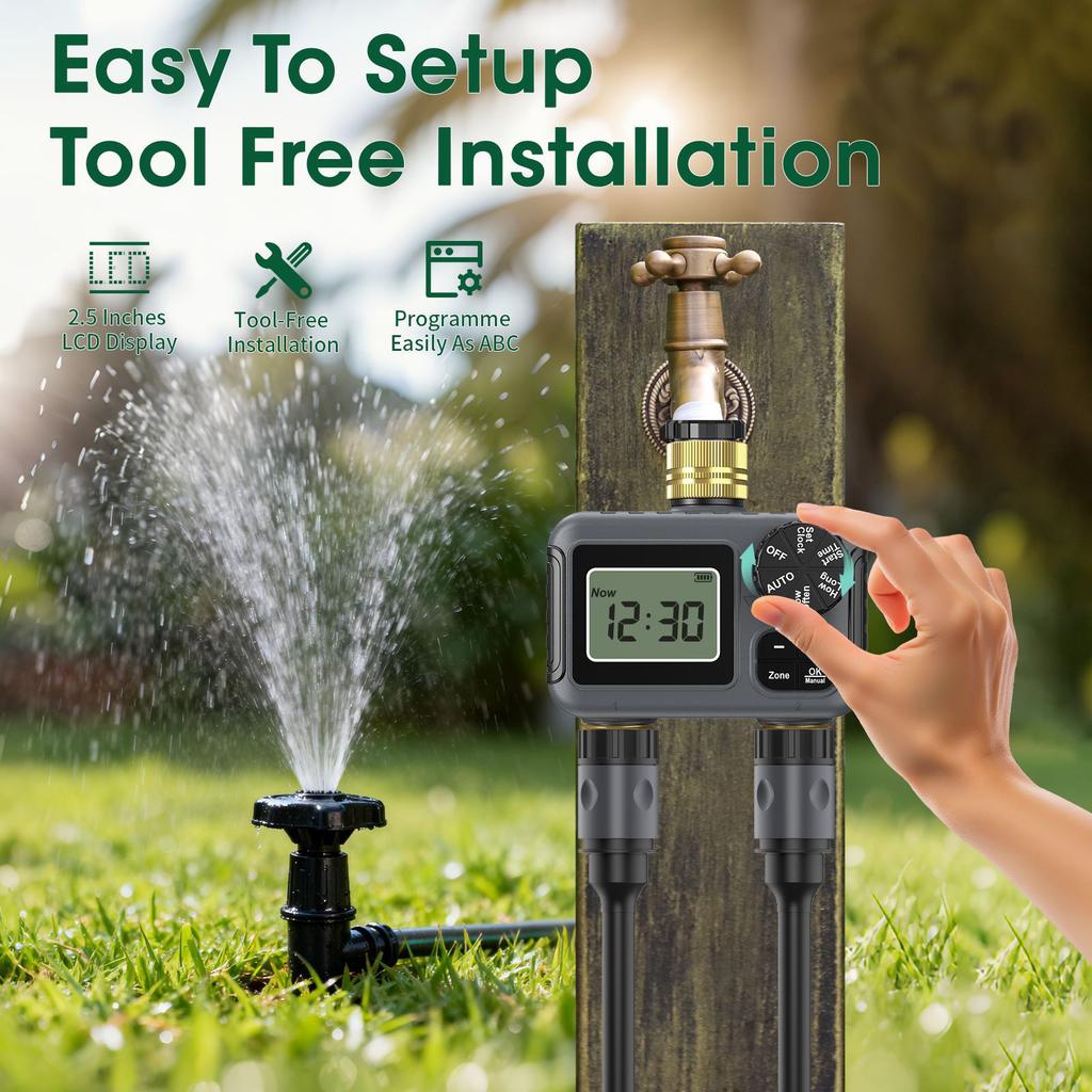 Outdoor Irrigation Valves Double Zone Control BSP 3/4” Brass Fitting IP55 Rate Weatherproof LCD Monitor