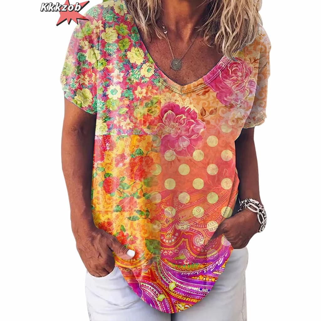 Vintage Print Top Women Short Sleeved Streetwear Summer Tee Women's Fashion Casual V Neck T Shirts Y2k Oversized Female Clothing