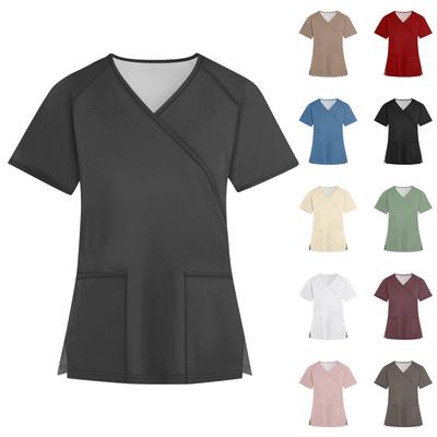 Women's Fashion V-neck Solid Color Short Sleeve Workwear With Pockets  Tops