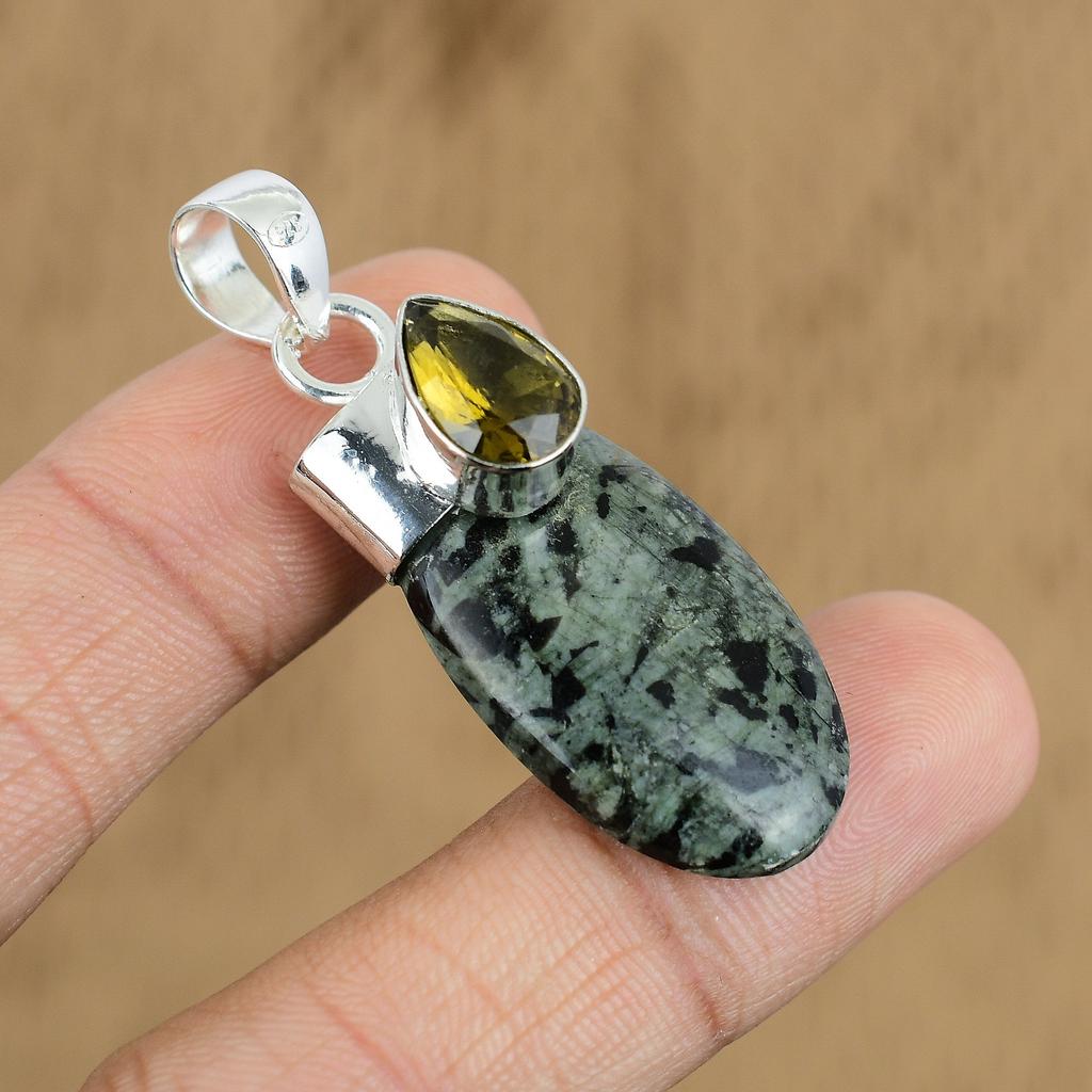 Wedding Gift For Her 925 Silver Natural Green Rice Jasper Gemstone Pendant