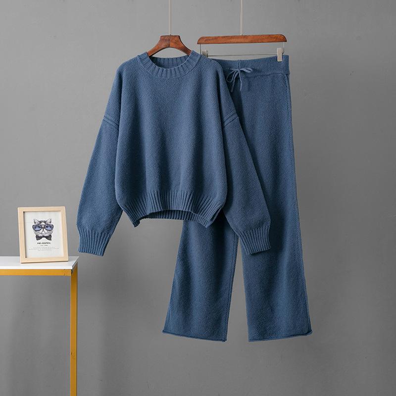 Ladies' Early Autumn New Sweater Fashion Two-piece Set Shoulder Long Sleeve Pullover + Straight Wide Leg Pants Combination