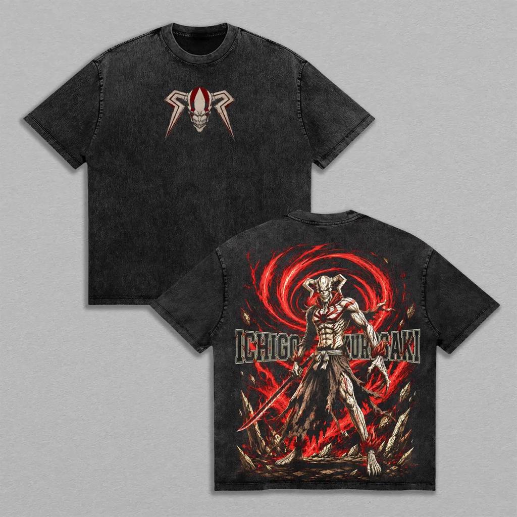 Bleach Ichigo Kurosaki Anime Unisex Washed T-Shirt Oversized Men Women Streetwear High Quality Pure Cotton Short Sleeved Female Male Clothing