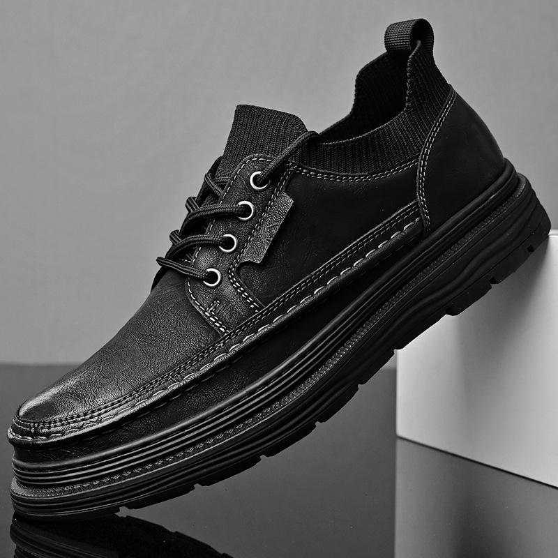 Leather shoes men's 2025 autumn new leather casual men's shoes soft-soled lace-up socks versatile British style block shoes