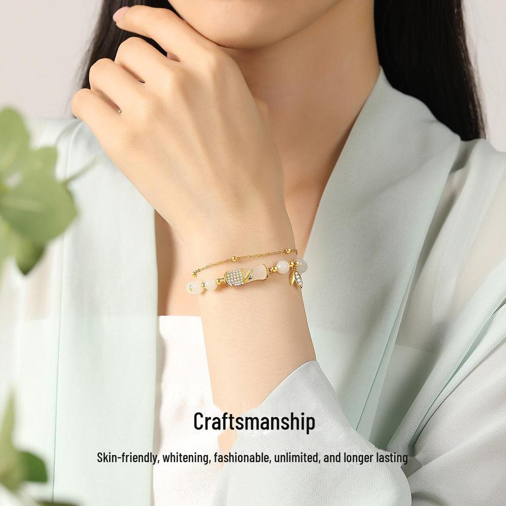 Xingcheng S925 Hetian Jade Bamboo Double Bracelet - Chinese Niche Style Jewelry