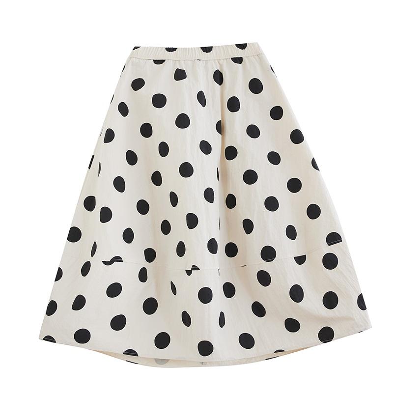 Plus High Cotton Size Waist Vintage Polka Dot Summer Casual Loose Long Woman Skirt