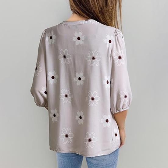 Women Shirt Loose Fit V Neck Printed Button Placket Shirt Tops Half Sleeve Breathable Summer Casual Tops