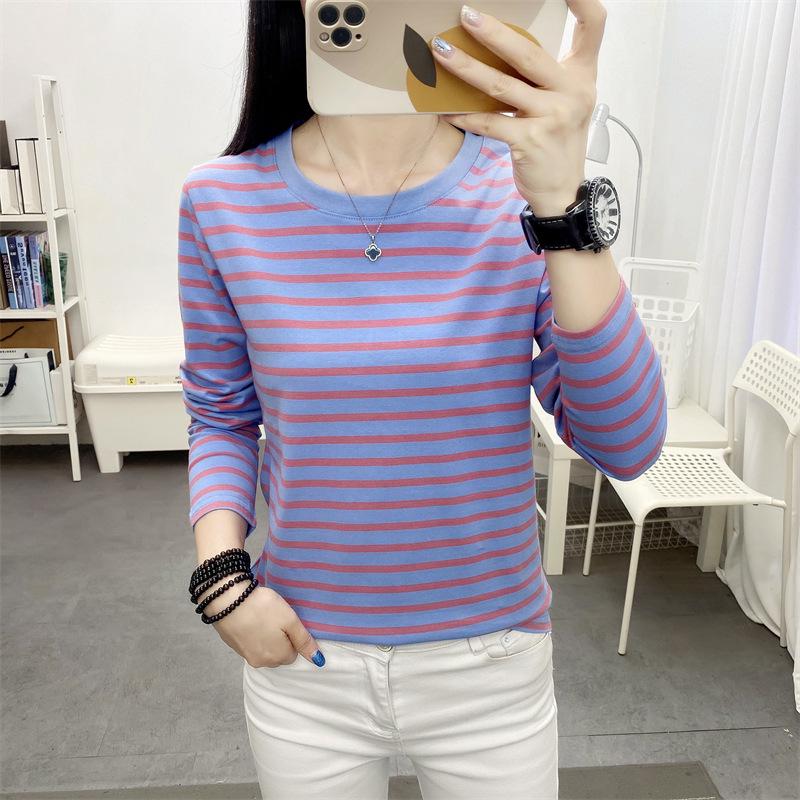Women's Plus Size Striped Long Sleeve Cotton T-Shirt - Autumn Collection for Middle-Aged Moms