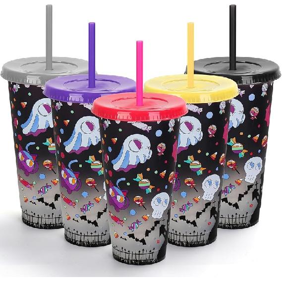 Color Changing Cups, 5-Pack 24 oz Plastic Cups with Lids and Straws, Tumblers and Water Glasses for Adults, Kids Party, Cute Cups for Ice Drink