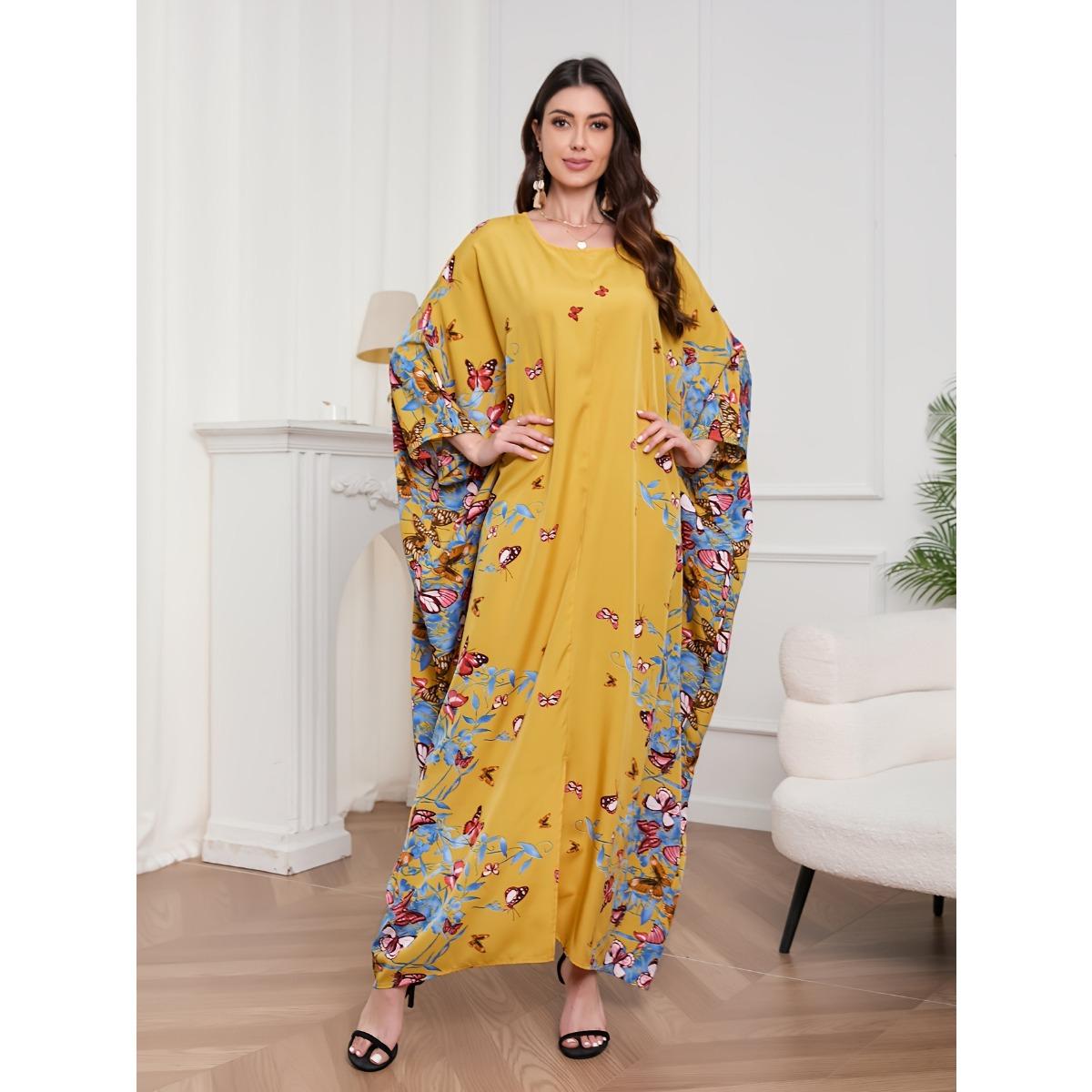 

Кафтан с круглым вырезом и цветочным принтом Рамадана, элегантное платье макси с рукавами «летучая мышь», женская одежда One-size