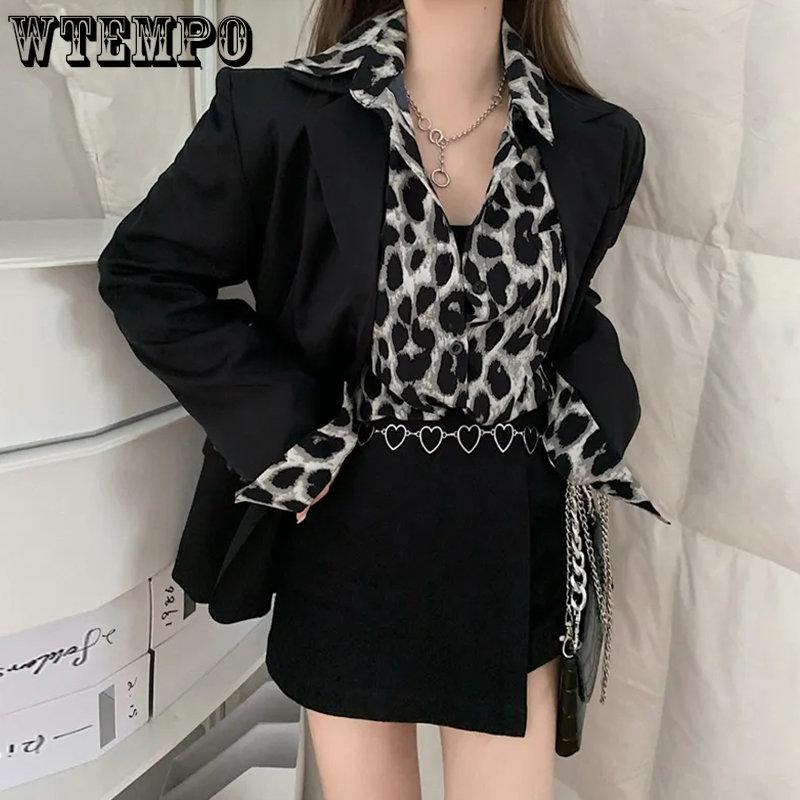 Lady Vintage Leopard Print Long-sleeved T-Shirts Women Spring Autumn Casual Single Breasted Mid-length Shirts Streetwear