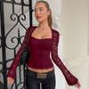 Women Sexy Fashion Lace Hollow Out Spliced Long Sleeve Slim Cropped Blouse