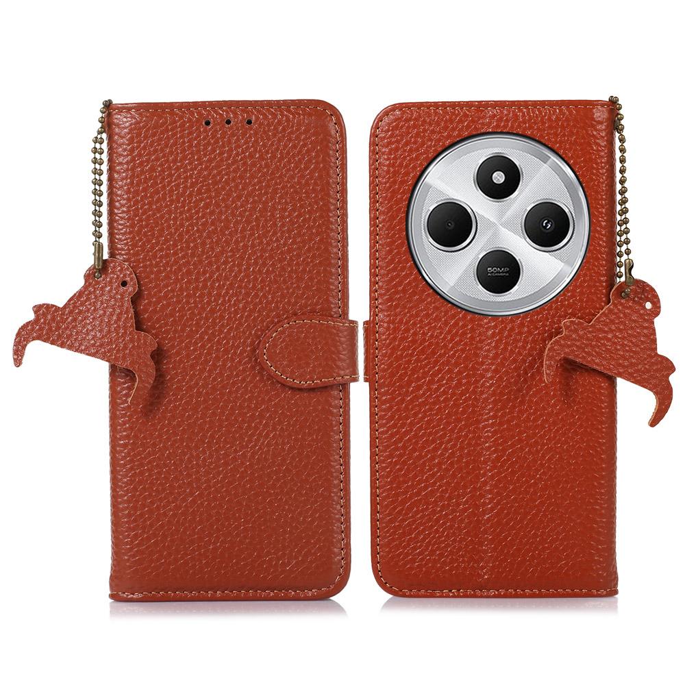 

For Xiaomi Poco C75 4G/Redmi 14R 5G/14C 4G Case RFID Blocking Litchi Texture Genuine Cow Leather Phone Cover Brown