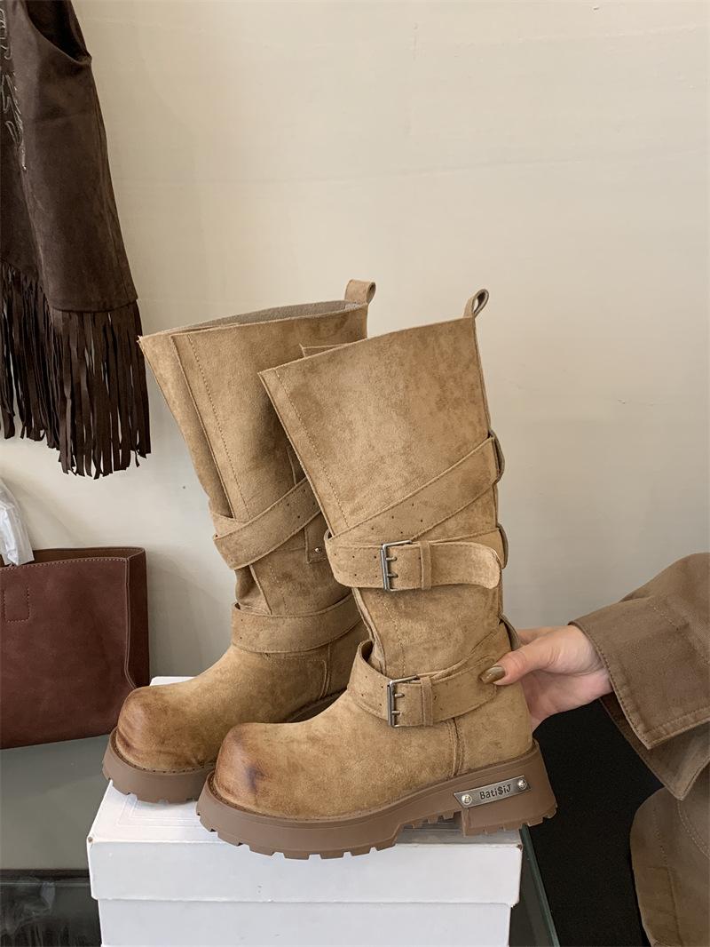 

Vintage polished thick-heeled knight boots women s 2025 new platform-soled long boots high street cool drag motorcycle boots medium boots 39