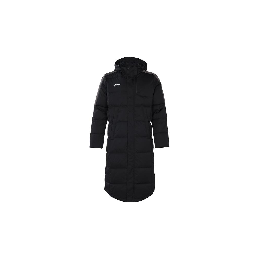 Li Ning Logo Solid Color Long Hooded Down Jacket Winter Men Outerwear Black AYMR365-1