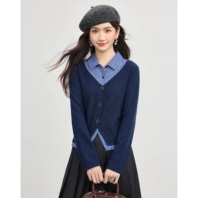 Damen karierter Kragen Strickoberteil im Zweiteiler-Look mit Knopfleiste Lässige Baumwollmischung Bluse