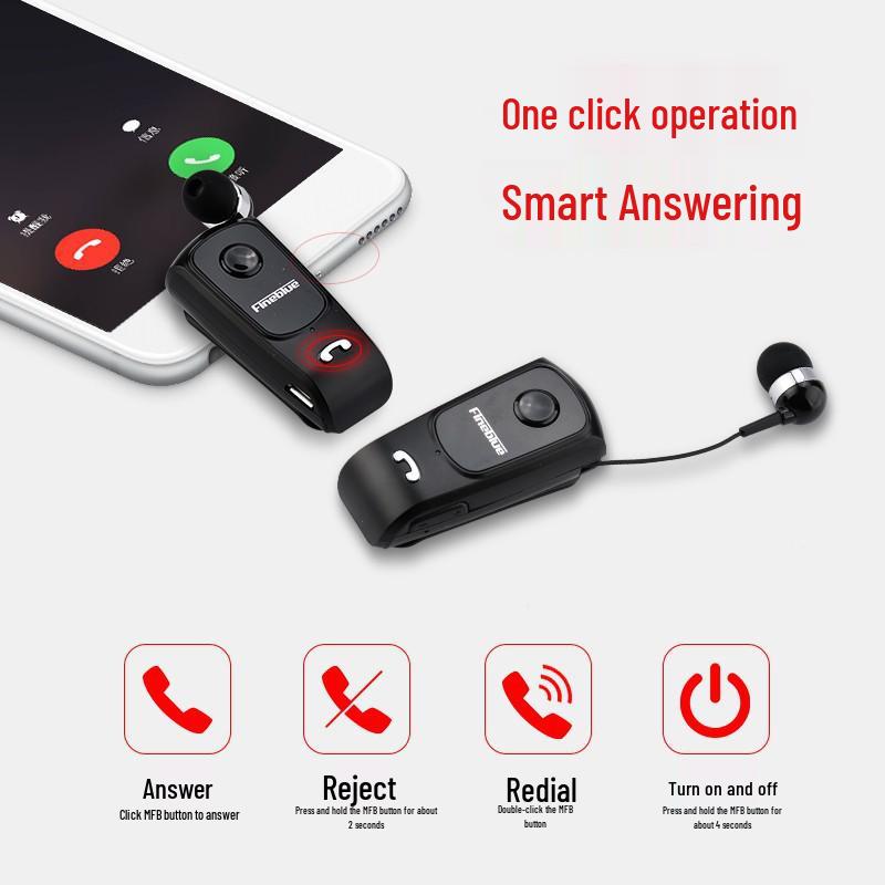 Jialan F920 Retractable Bluetooth Earphone, Wireless Fast-Charge, Clip-On Design for Business and Gaming