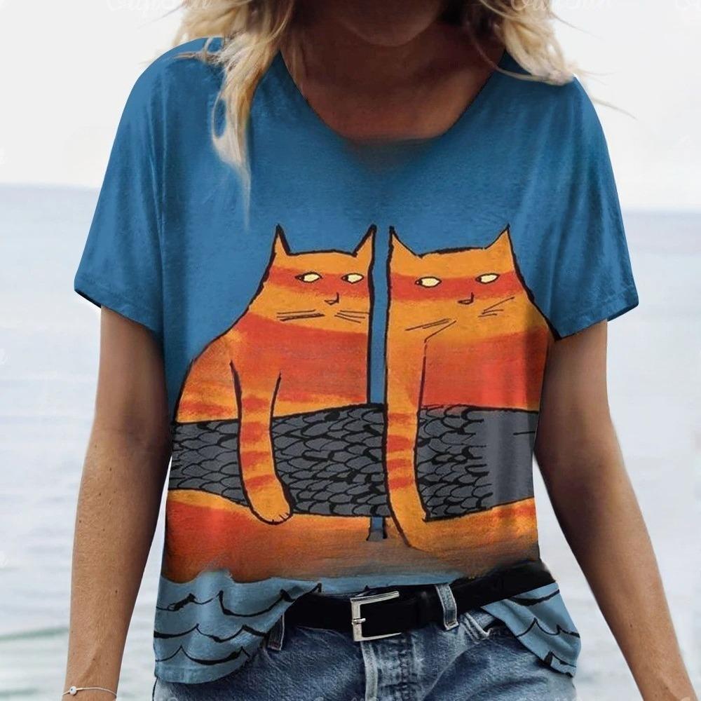 T-Shirts Women's Fashion T-Shirt Cat Print Casual Comfort Short Sleeve Crew Neck Pullover Clothing
