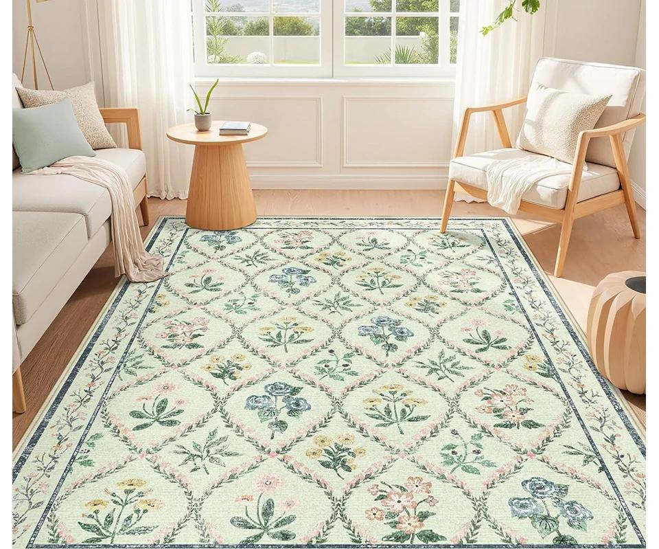 

French Retro Lattice Floral Area Rug Soft Pastoral Design Bedroom Living Room Carpet Durable Home Decor Multiple Gentle Colors 40x60cm