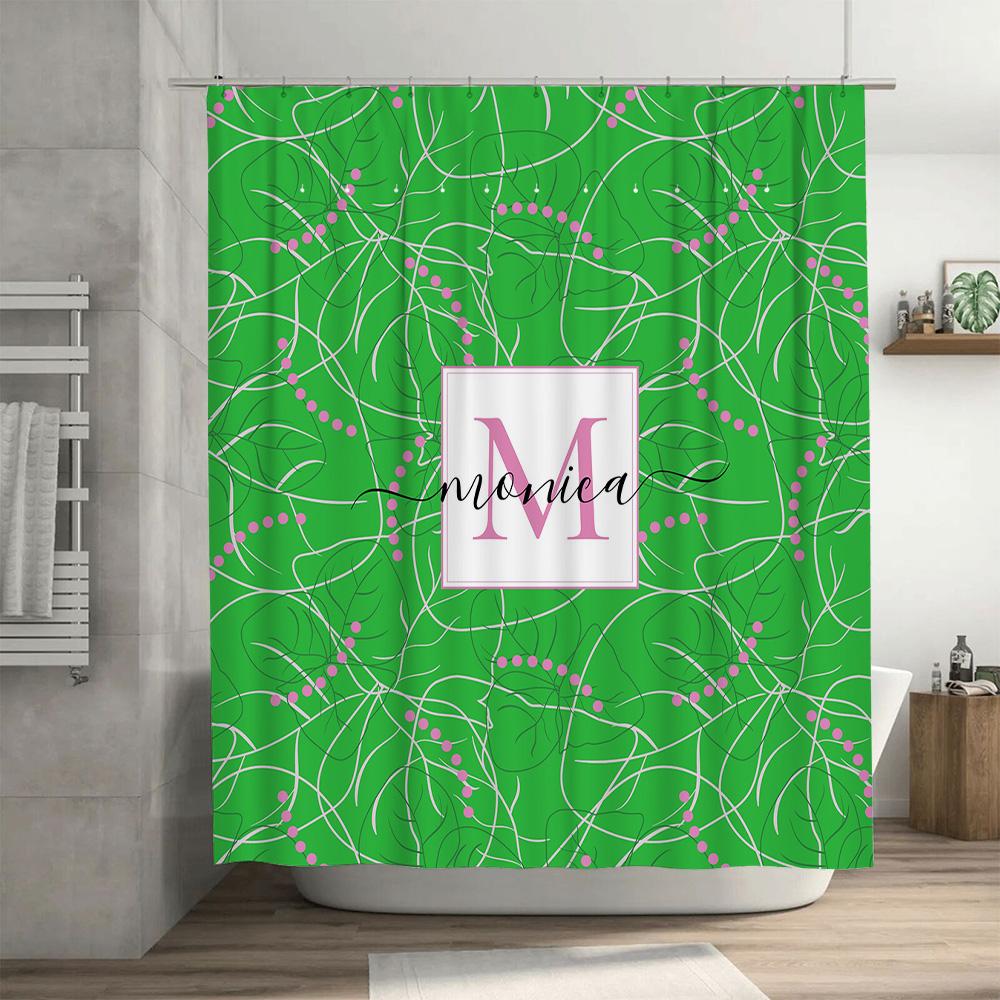 Custom Personalized Monogrammed Shower Curtain Set for Bathroom Decor Green Floral Print with Pink Accents, Custom Initials Disp