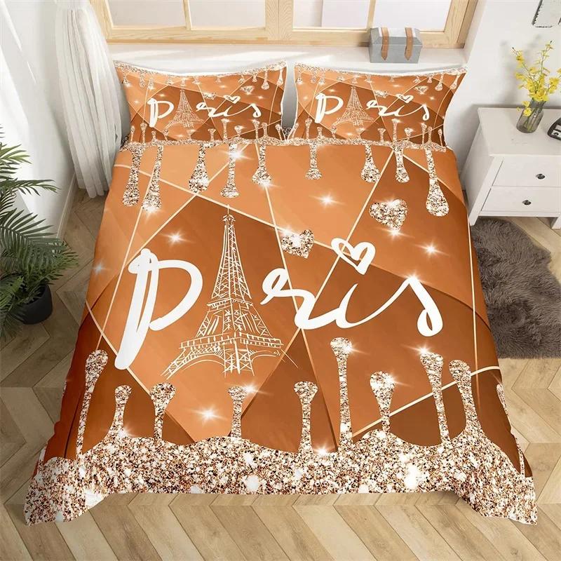 Eiffel Tower Duvet Cover Set Single Twin King For Kids Girl Teen Room Paris Bedding Set Microfiber Gradient Diamond Quilt Cover