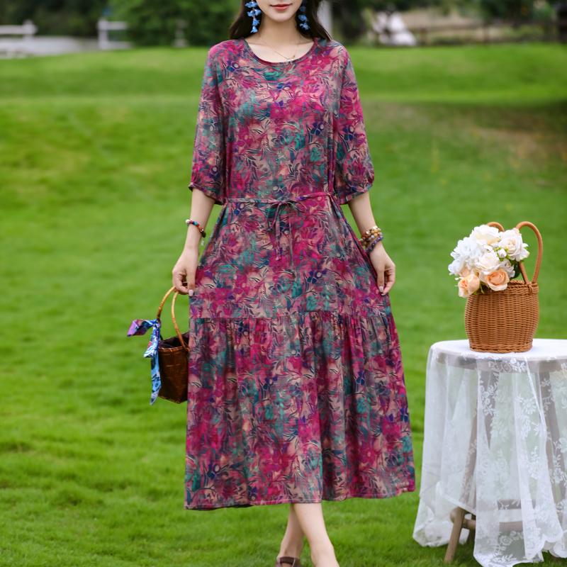 Women's Floral Print Maxi Dress, Tie Waist 3/4 Sleeve Casual Summer Dress (XL-5XL)