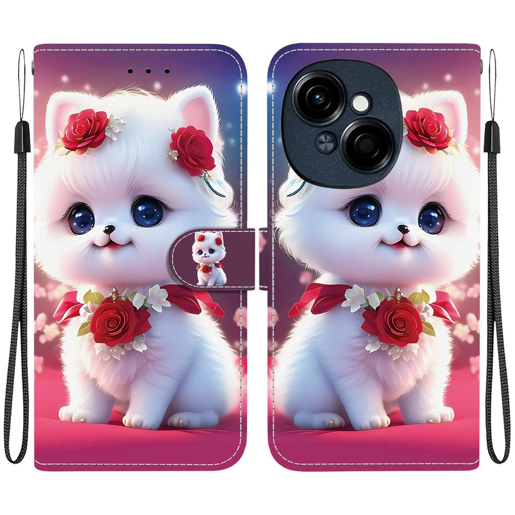 Handmade PU Leather Flip Case for Tecno Pop 9 Pro Anti-Slip Shockproof Cover with Wrist Strap & Heart/Rose Cat Designs