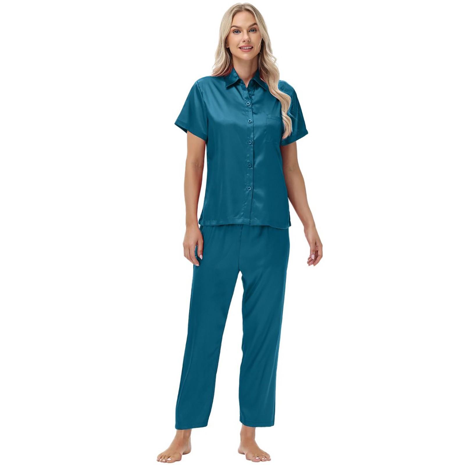 

Shirt Ice Silk Pajamas Satin Suit Short Sleeve Long Pants Ladies Home Clothes M