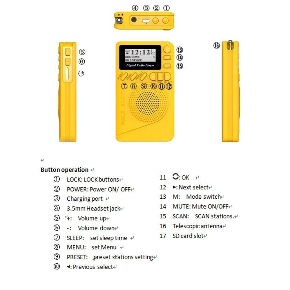 Mini bolsillo DAB Radio Digital receptor FM RDS con pantalla LED reproductor de MP3 portátil compatible con tarjeta TF juego de tiempo de sueño