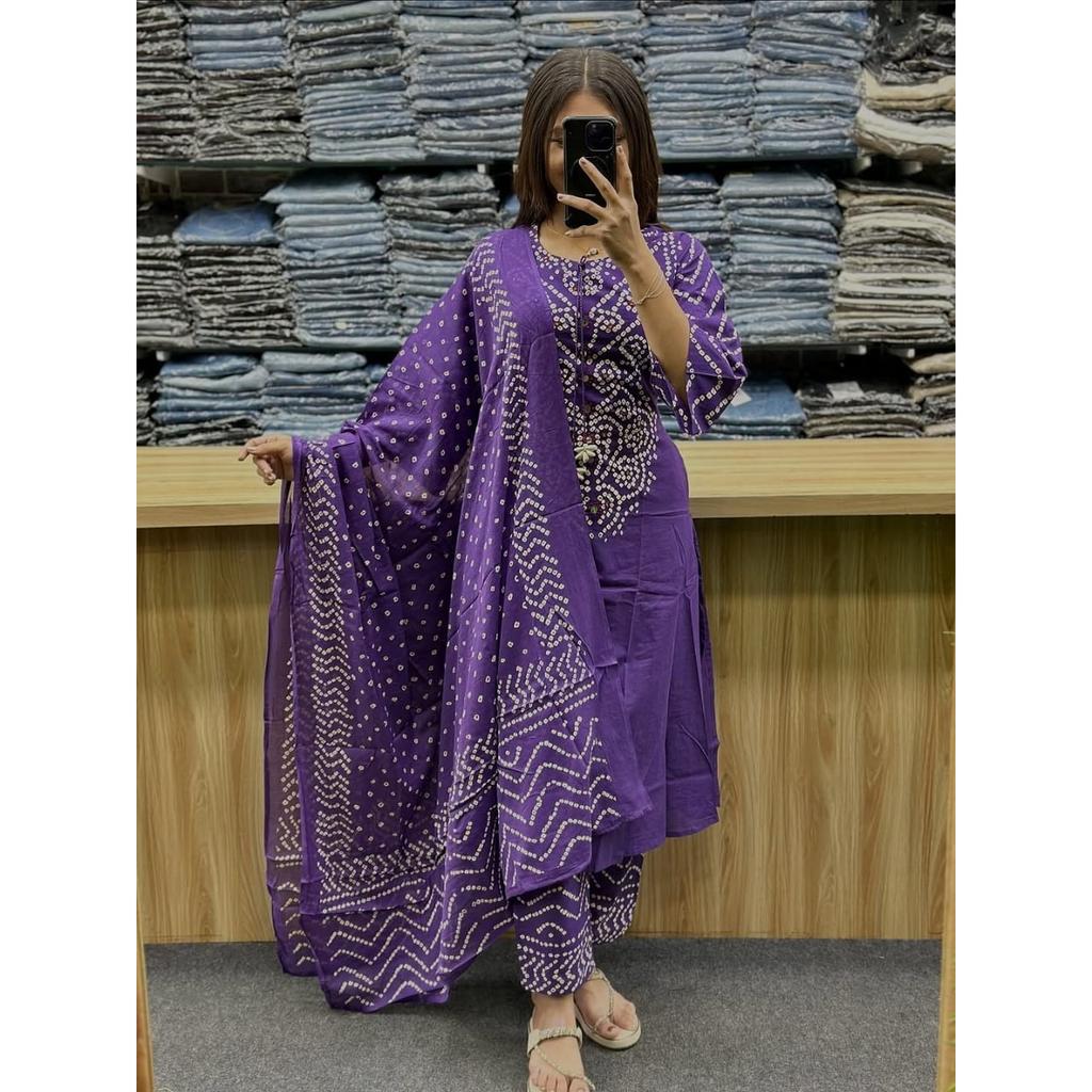 Women Bandhej Printed Kurta Pant Dupatta Set Indian Bollywood Ethnic Kurti Set