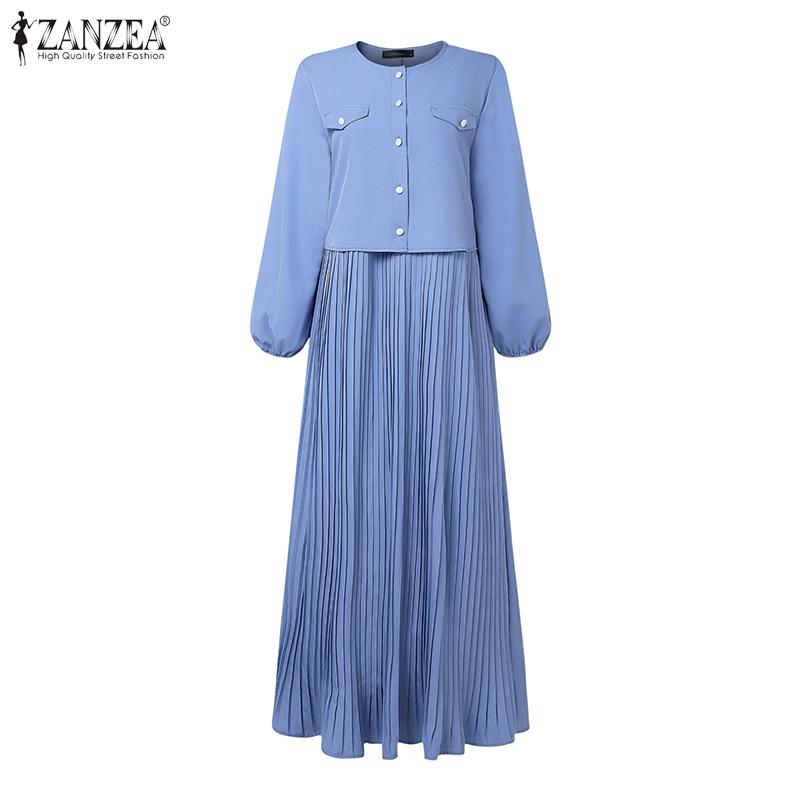 ZANZEA Women Casual Round Neck Loose Long Sleeve Pleated Long Dress