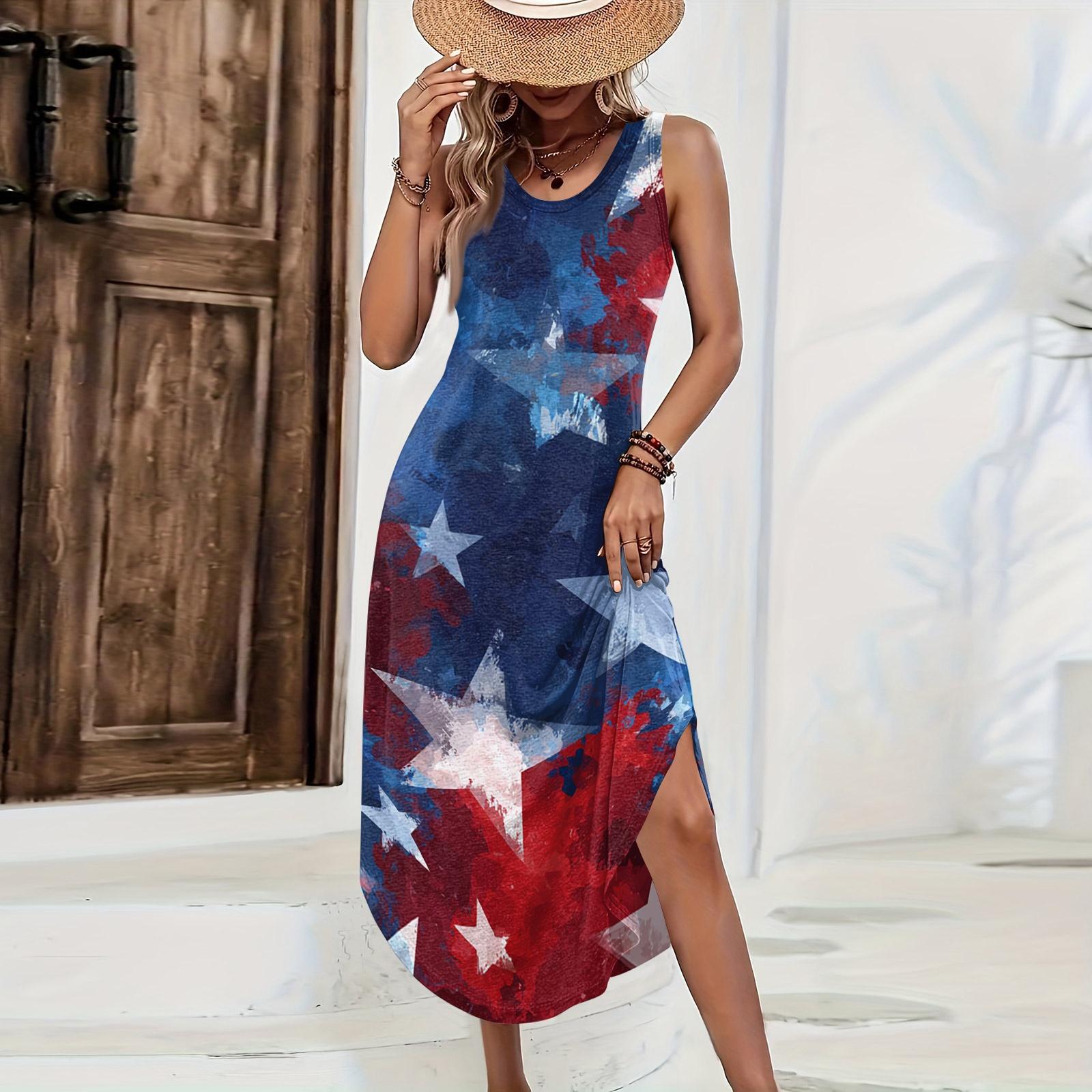 

Sleeveless Loose Fit Long Dress with Independence Day Print Casual Fashion Style Comfortable Fit Suitable for Women Summer Wear S киноварь