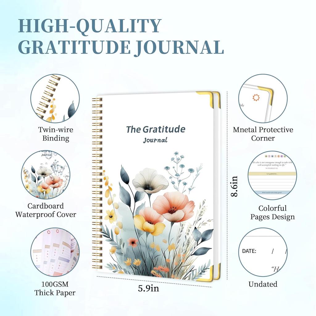 The Gratitude Journal for Women & Men, Hardcover Spiral 5 Minute Daily Gratitude Journal for More Happiness, Optimism, Affirmation & Reflection with