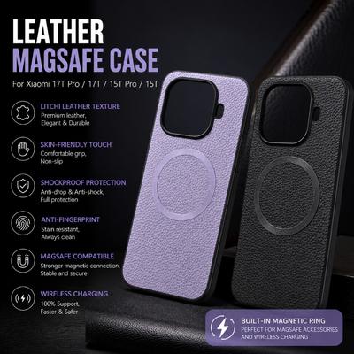 Business Solid Color Lychee Pattern Leather Case for Xiaomi 17T Pro Max 15Ultra Slim Non-slip Shockproof for MagSafe Cover Funda
