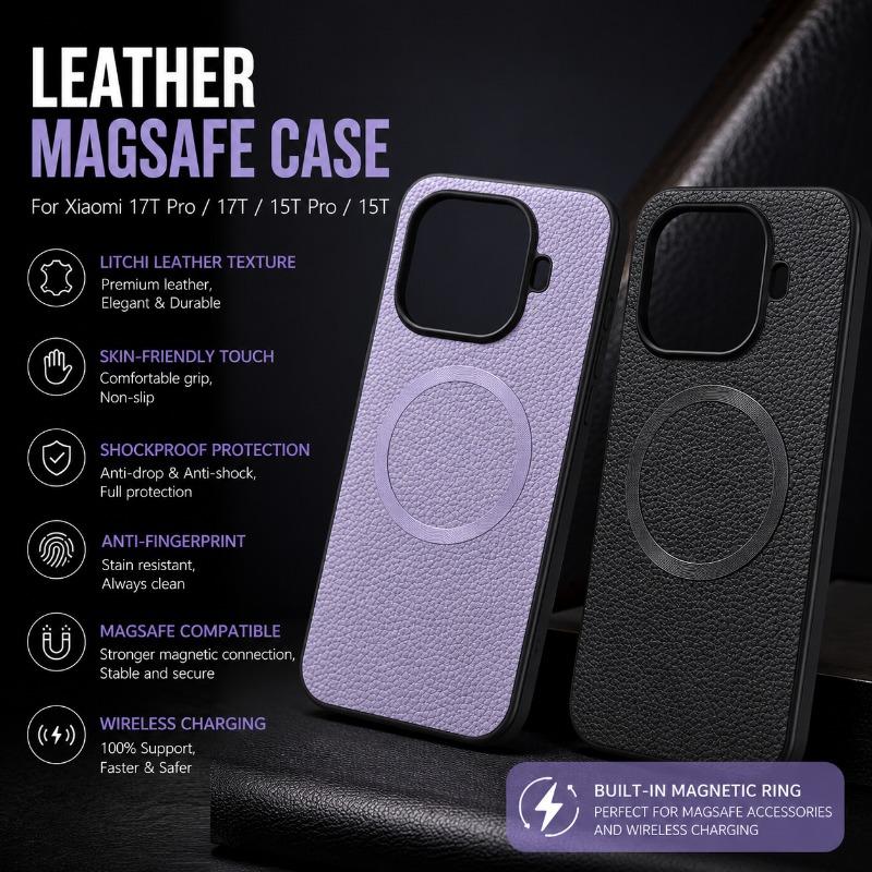 Business Unifarbene Lychee-Muster Lederhülle für Xiaomi 17T Pro Max 15Ultra Schlank Rutschfest Stoßfest für MagSafe Hülle Funda