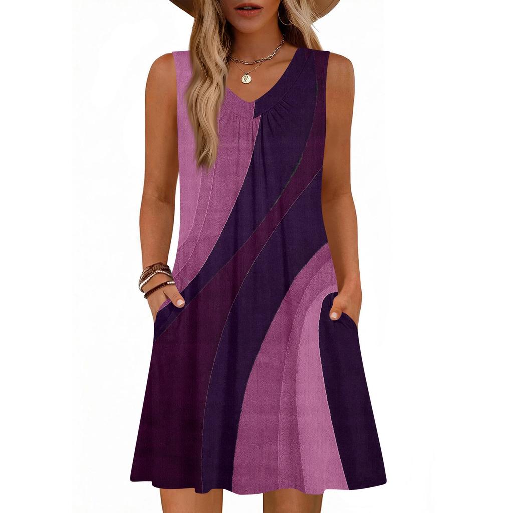 Women's Fashion Printed Summer Sleeveless V-neck Tank Top Pocket Casual Loose Dress