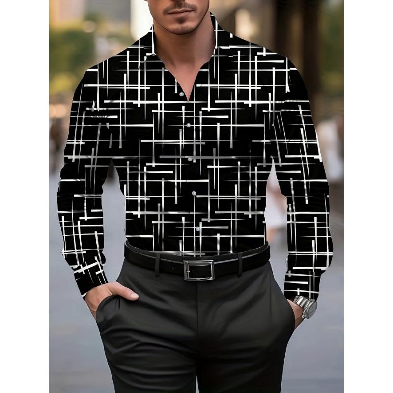 Men'S Stylish Geometric Print Long Sleeve Shirt Casual Button-Up with Lapel Collar,Perfect for Spring & Fall Pattern